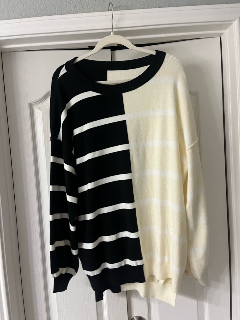 Amazon Women’s Black and Cream Striped Pullover Sweater